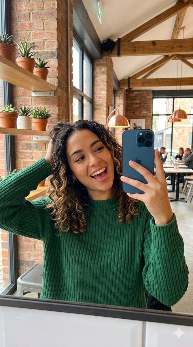 A vertical mirror selfie of a cheerful young woman with ligh