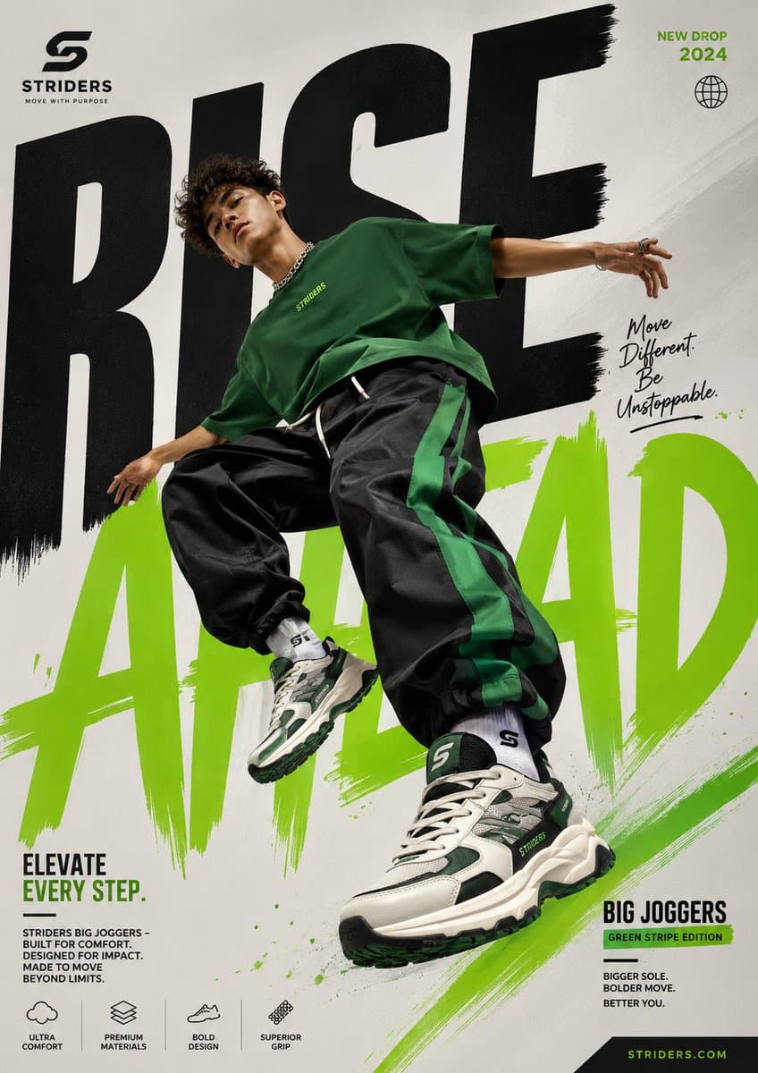 Generate a perfectly graphic designed poster of Shoe adverti