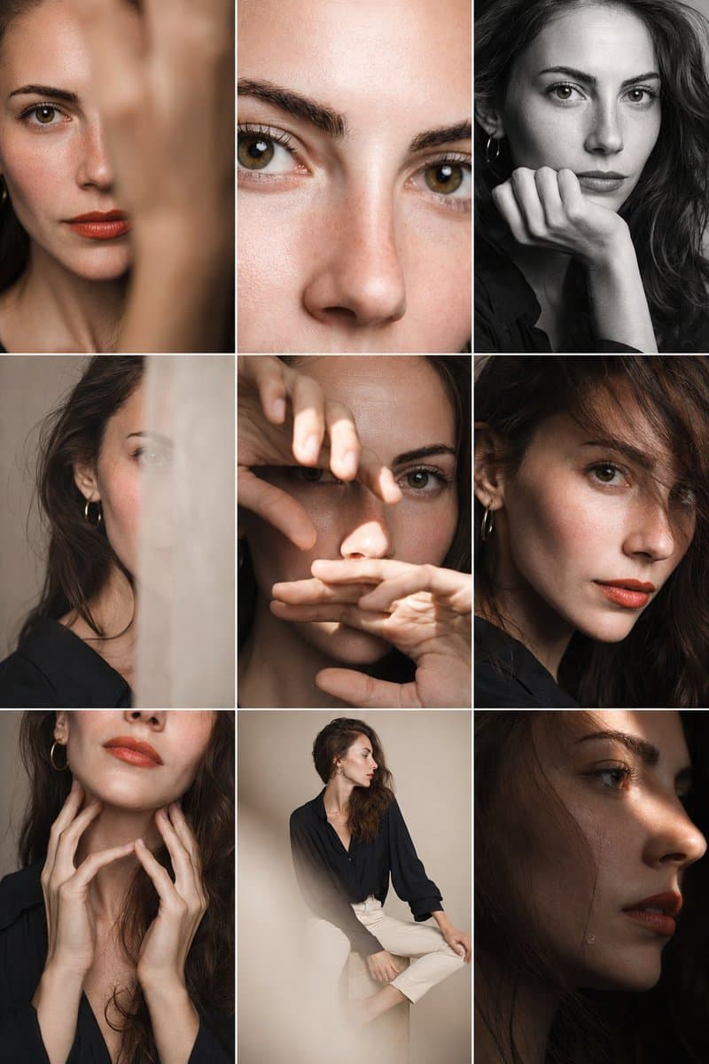 Editorial 3x3 photo grid in a clean soft beige studio. Chara