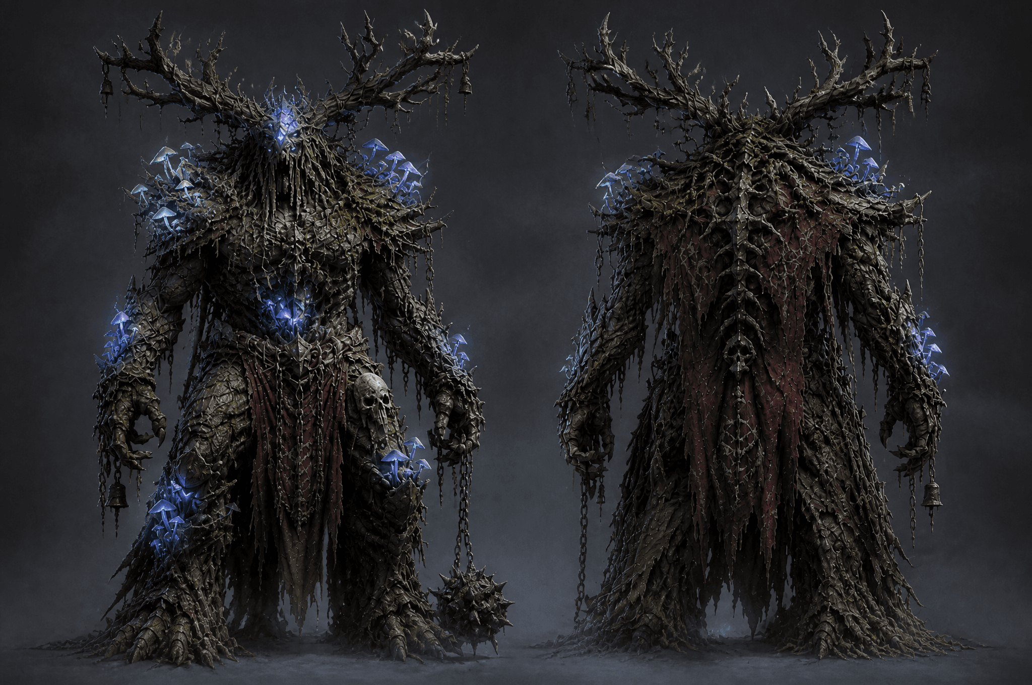 Subject and Action
A towering corrupted forest guardian stan