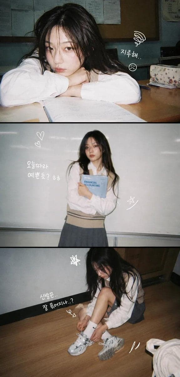 A vertical 3-panel college photo strip. The subject is a gir
