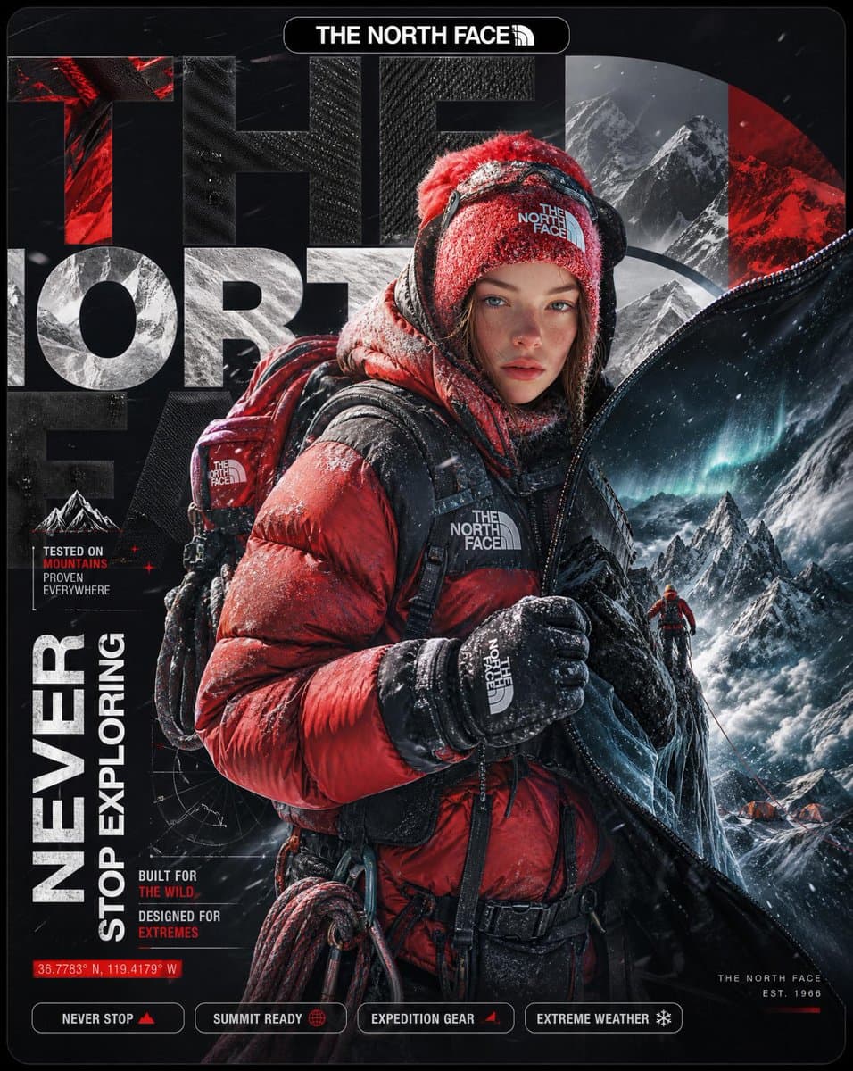 A hyper-detailed surreal advertising poster for The North Fa