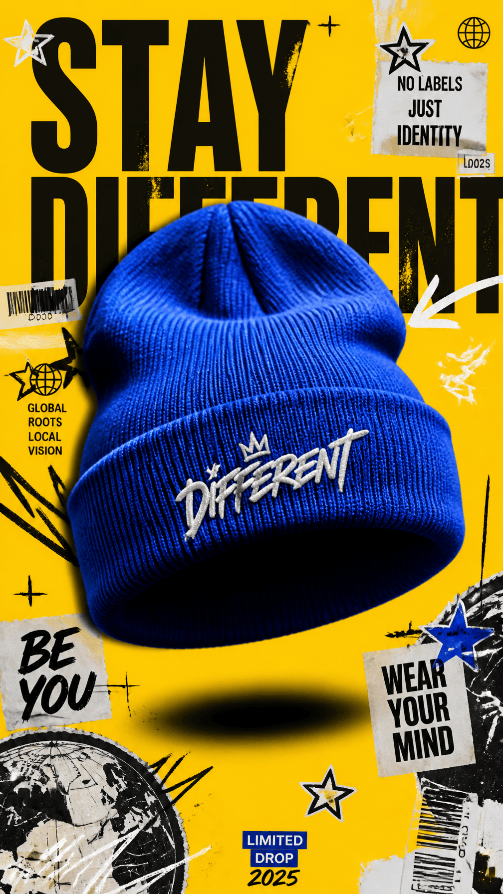 A premium 9:16 streetwear accessories advertising poster.Cen