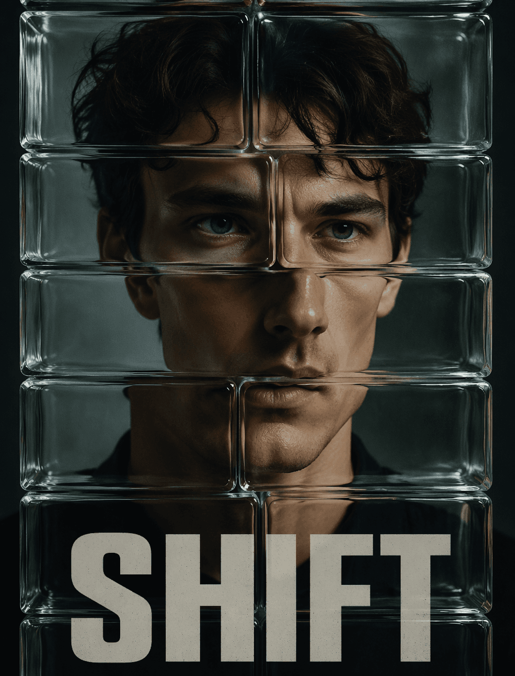 The portrait is viewed through stacked glass bricks.Each bri