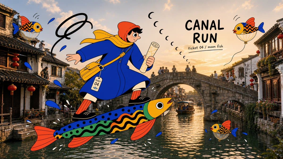 Create an image in the "Surreal Fish Doodle Landmark Photo C