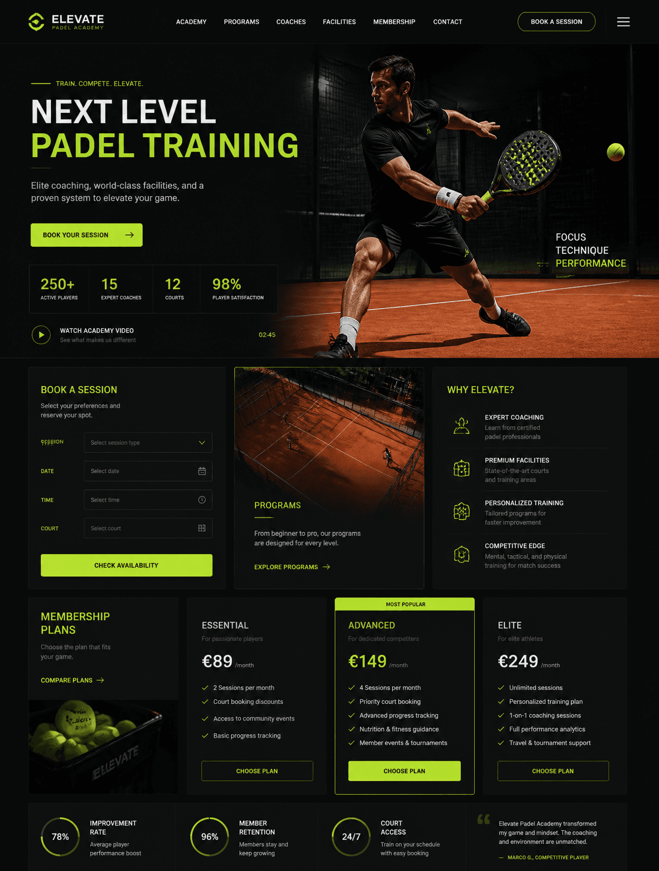 A high-fidelity landing page UI design for a premium padel t