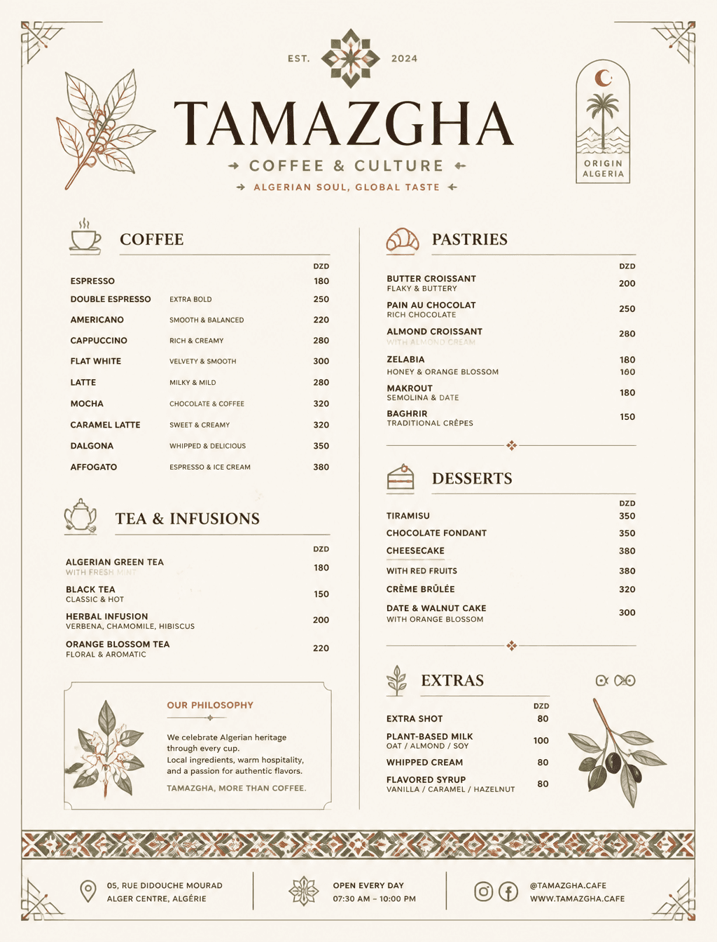Minimalist coffee shop menu designed in the style of a profe