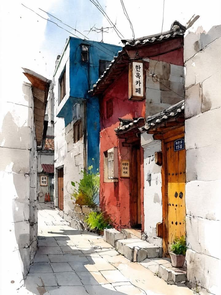 Watercolor urban sketch, narrow alley in traditional Korean 