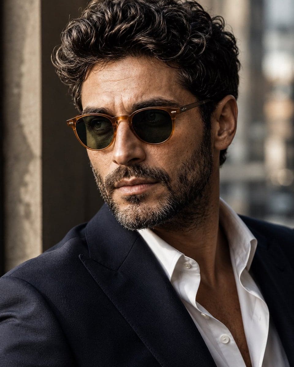 A cinematic close-up portrait of a rugged, sophisticated mid