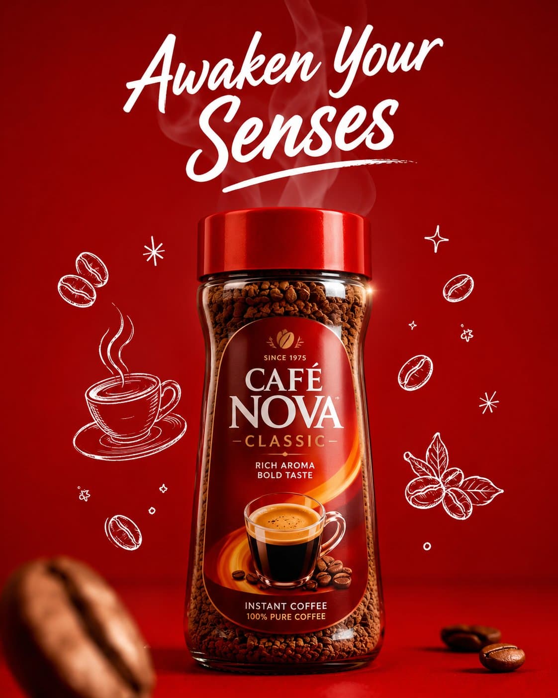 Wide advertising poster layout, glass coffee jar with red li