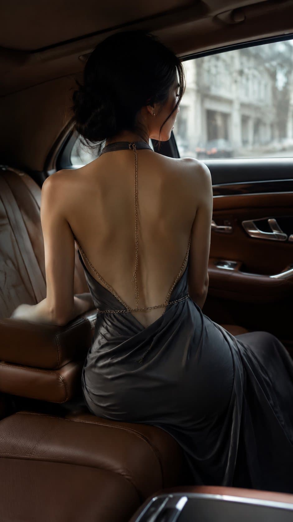 Realistic backless fashion editorial inside a luxury car, ve