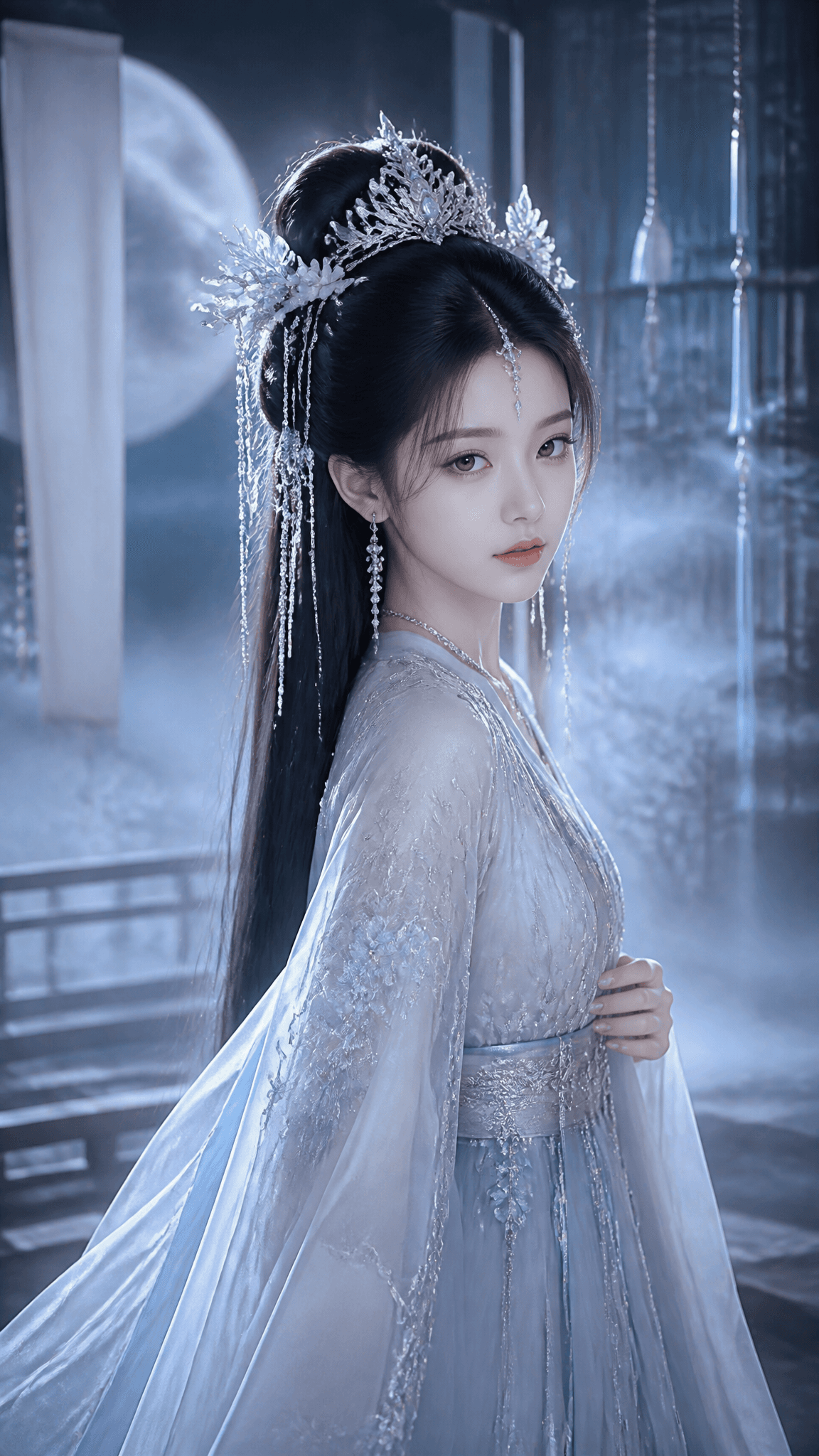 生成古风写真：白月凝霜 9:16 竖版人物：20-28岁年轻东方淡颜系美人女性，高精度清冷仙气古风精修写真风格，具有自然