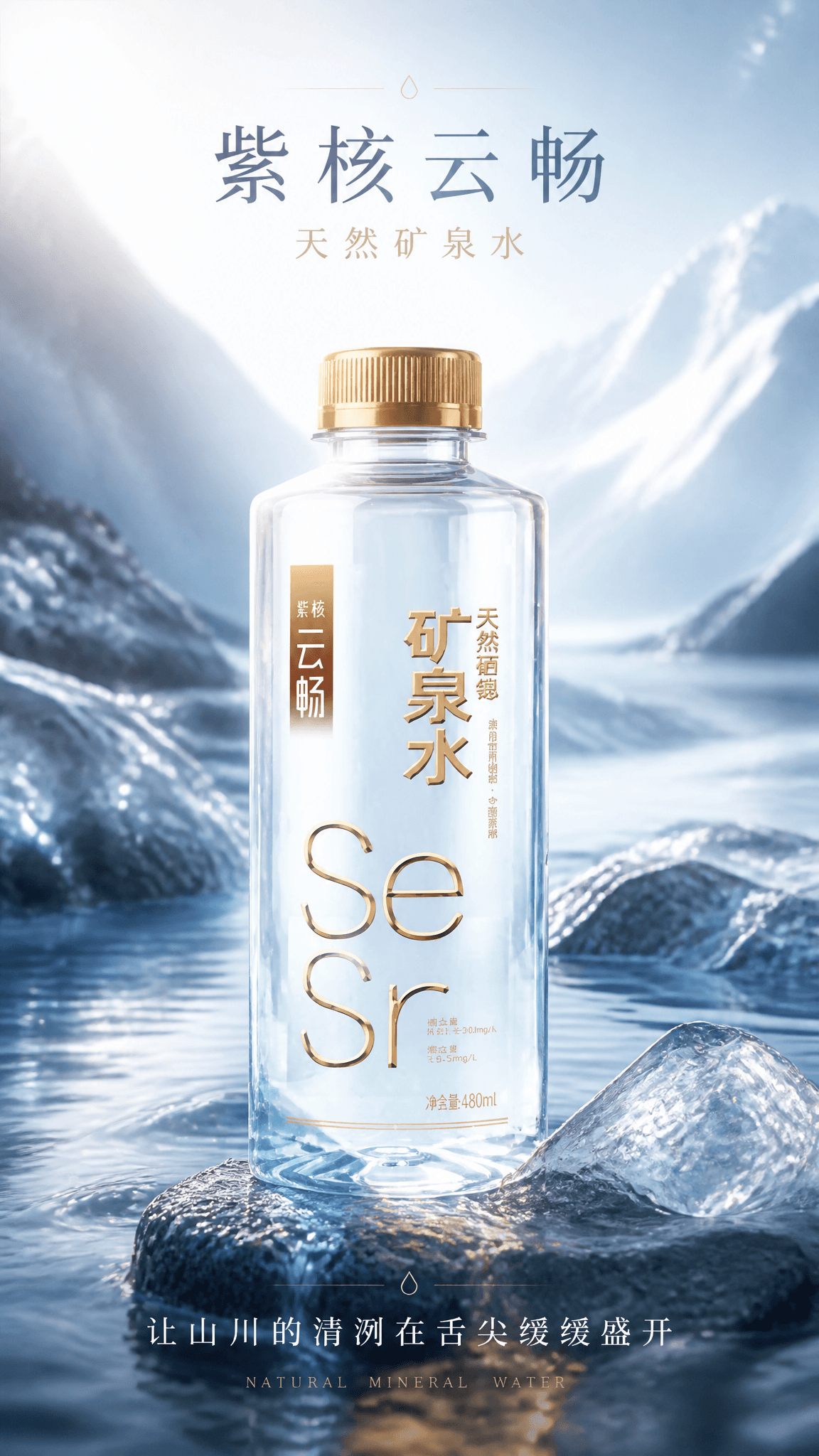 请生成一张 9:16 竖版的「矿泉水主视觉海报」。
【产品信息】
产品名称:紫核云畅矿泉水
核心卖点:天然矿泉水
情绪