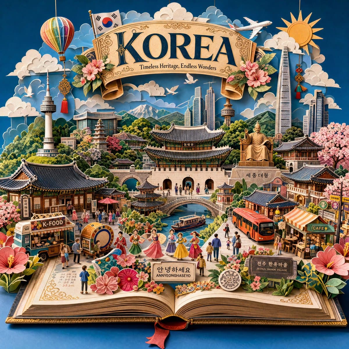 Create an ultra-detailed handcrafted 3D pop-up storybook tra