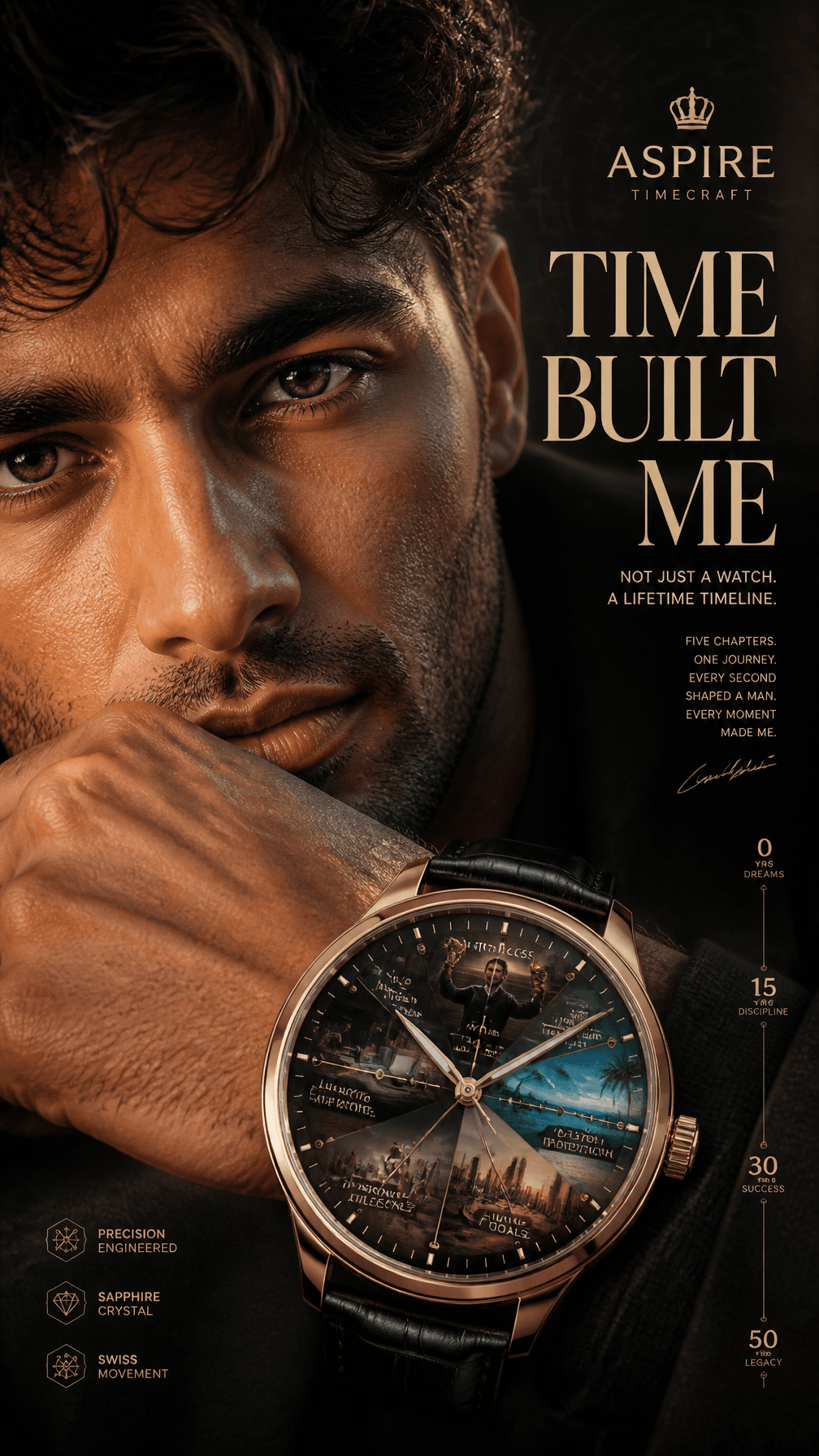 A premium 9:16 luxury watch advertising poster.Main Subject: