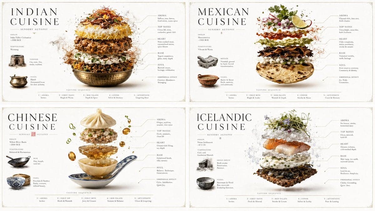 2x2 grid, 16:9, do this for Indian, Mexican, Chinese, and Ic