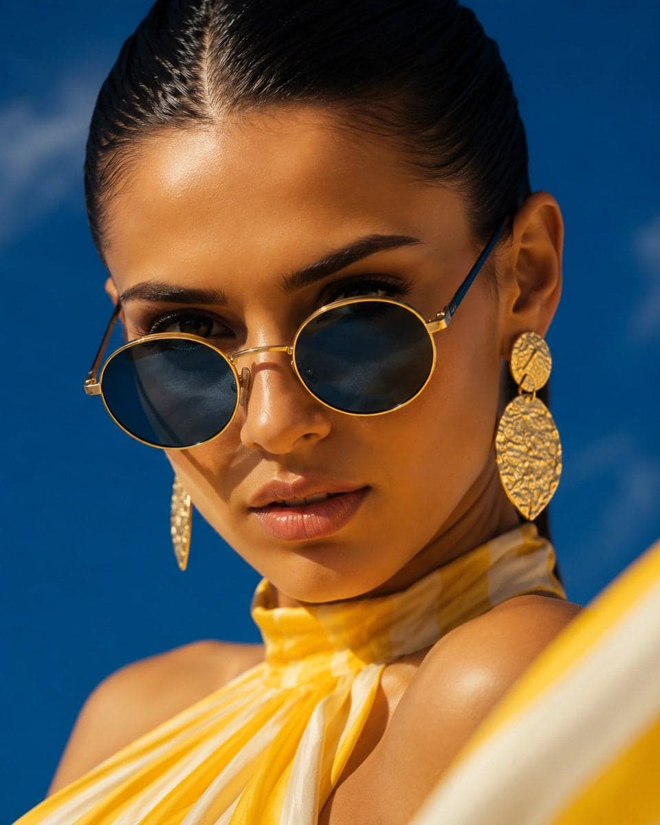 Wide dramatic fashion shot, woman in flowing yellow and whit