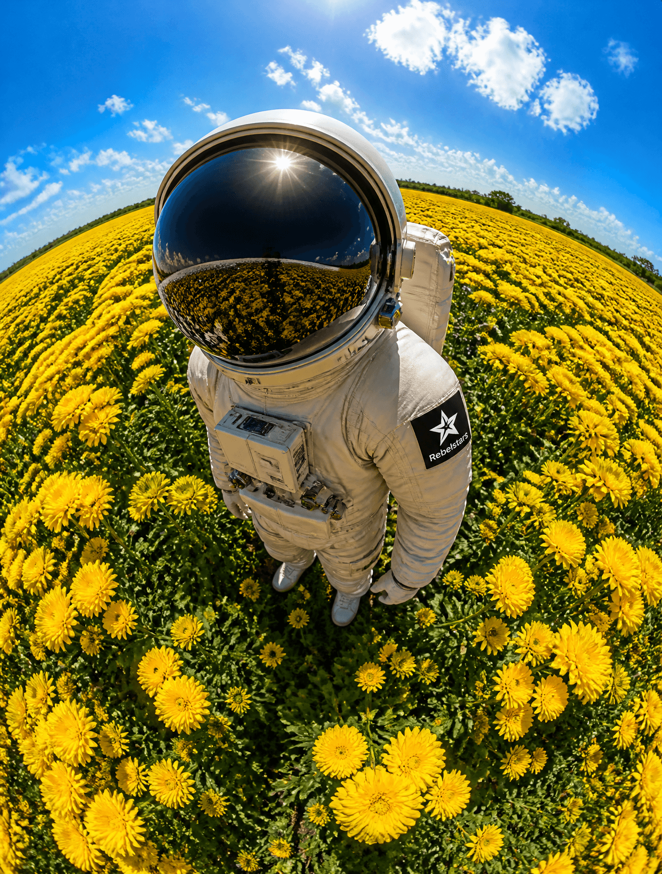 change the environment into flower fields, in bright yellow
