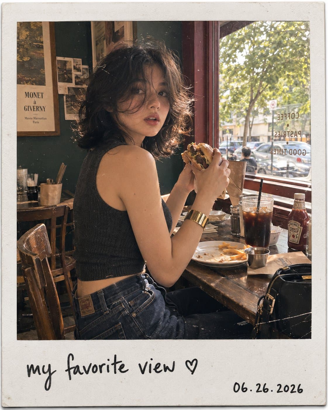Aesthetic candid café snapshot presented as a realistic vint