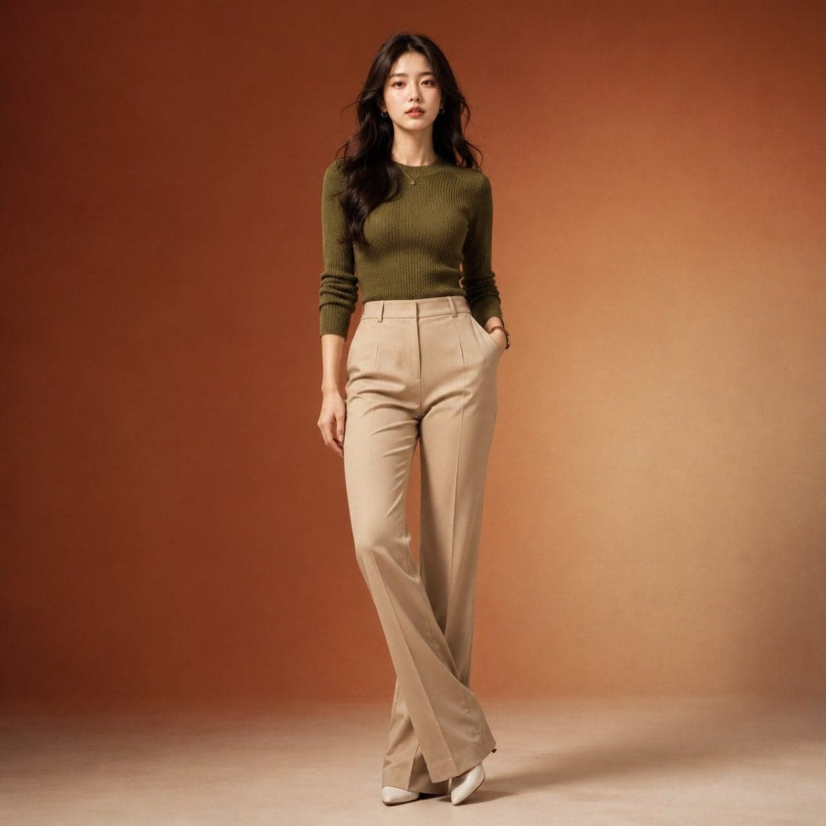 Full-body professional fashion editorial portrait of a beaut