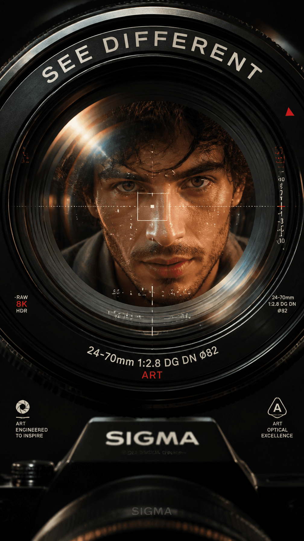 A premium 9:16 camera advertising poster.Main Subject:A youn