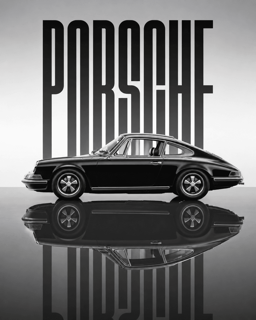A pristine black 1969 porsche  sits stationary on a dark, mi