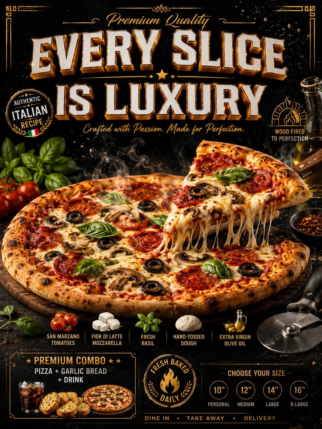 Create an ultra-premium pizza menu advertisement poster, ver