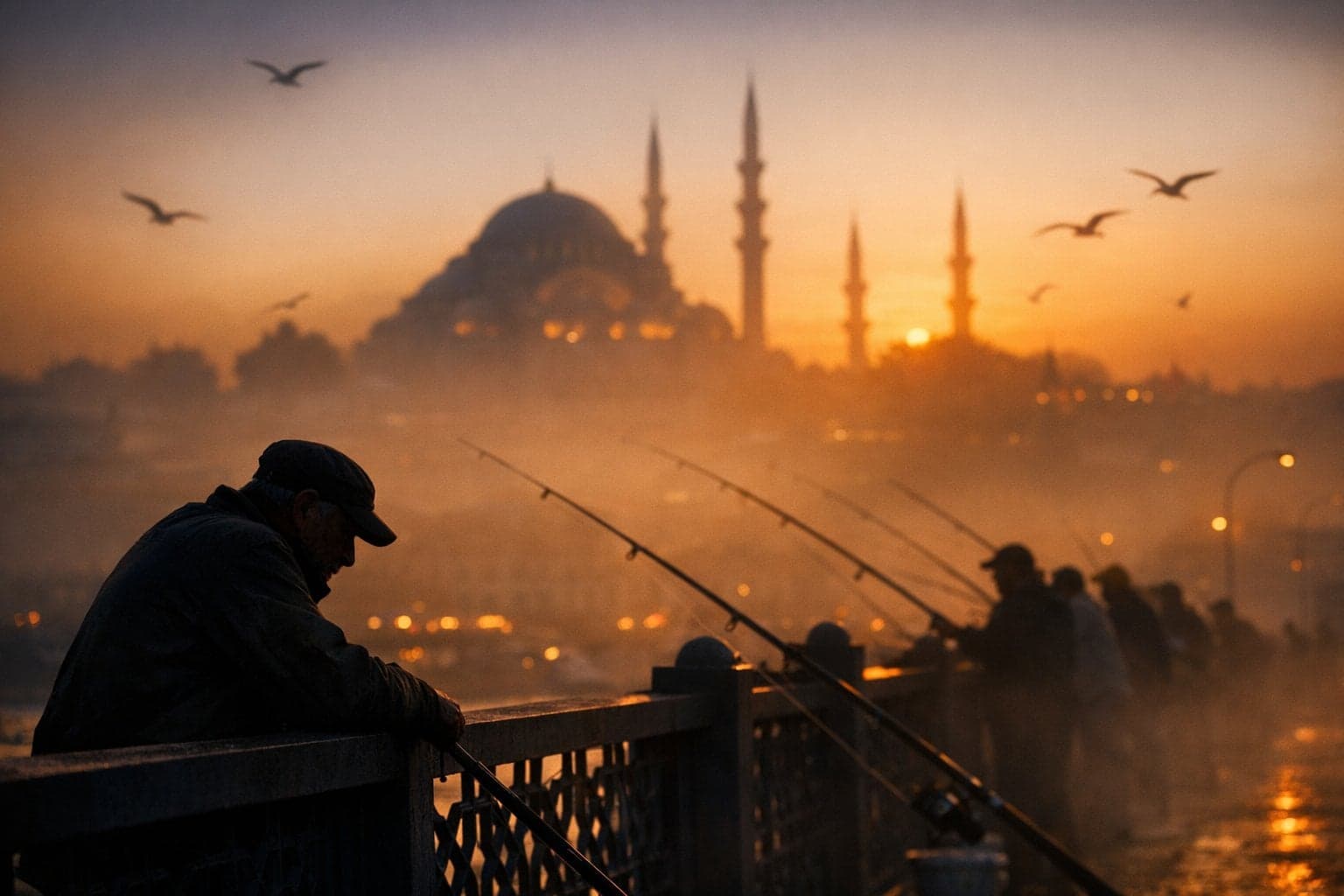 A cinematic silhouette shot of local fishermen lining the Ga