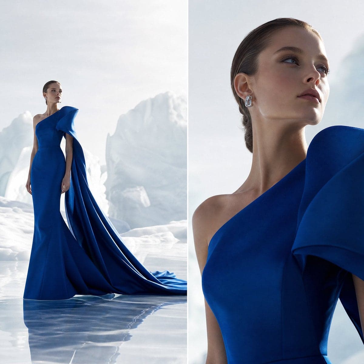 Two-panel fashion editorial split with contrasting camera pe