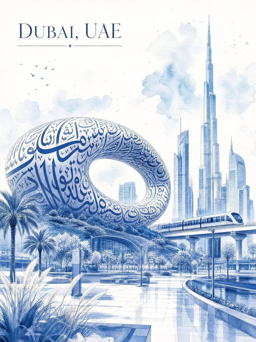 Ultra-luxury minimalist watercolor travel poster of Dubai, U