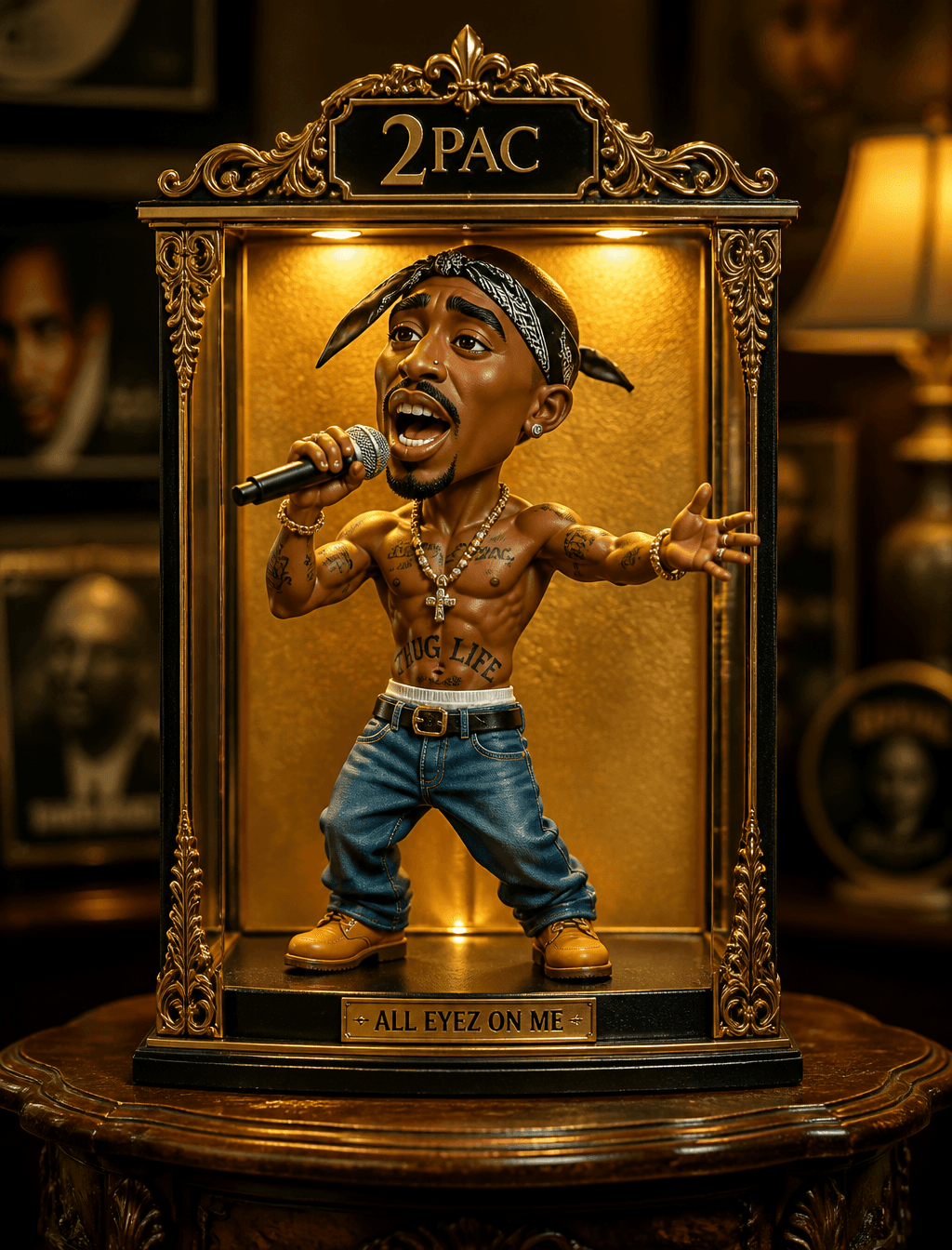 A stylized, exaggerated cartoon figurine of 2Pac, appearing 