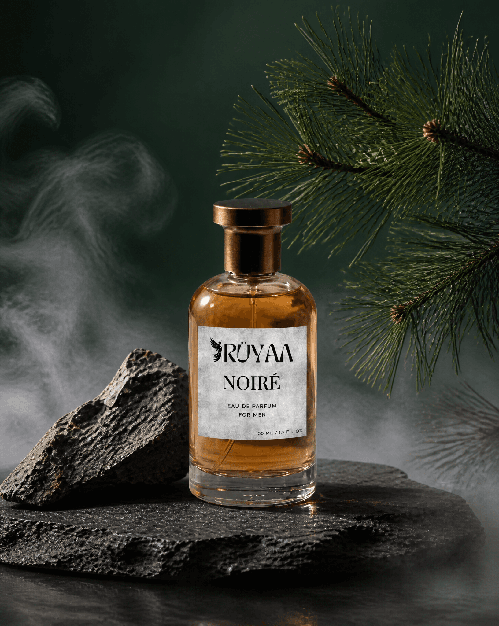 A perfume bottle sits centered on a rough-hewn slate slab, p