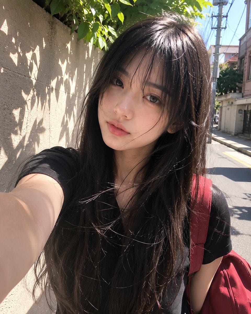 Beautiful young Japanese girl with long silky black hair and