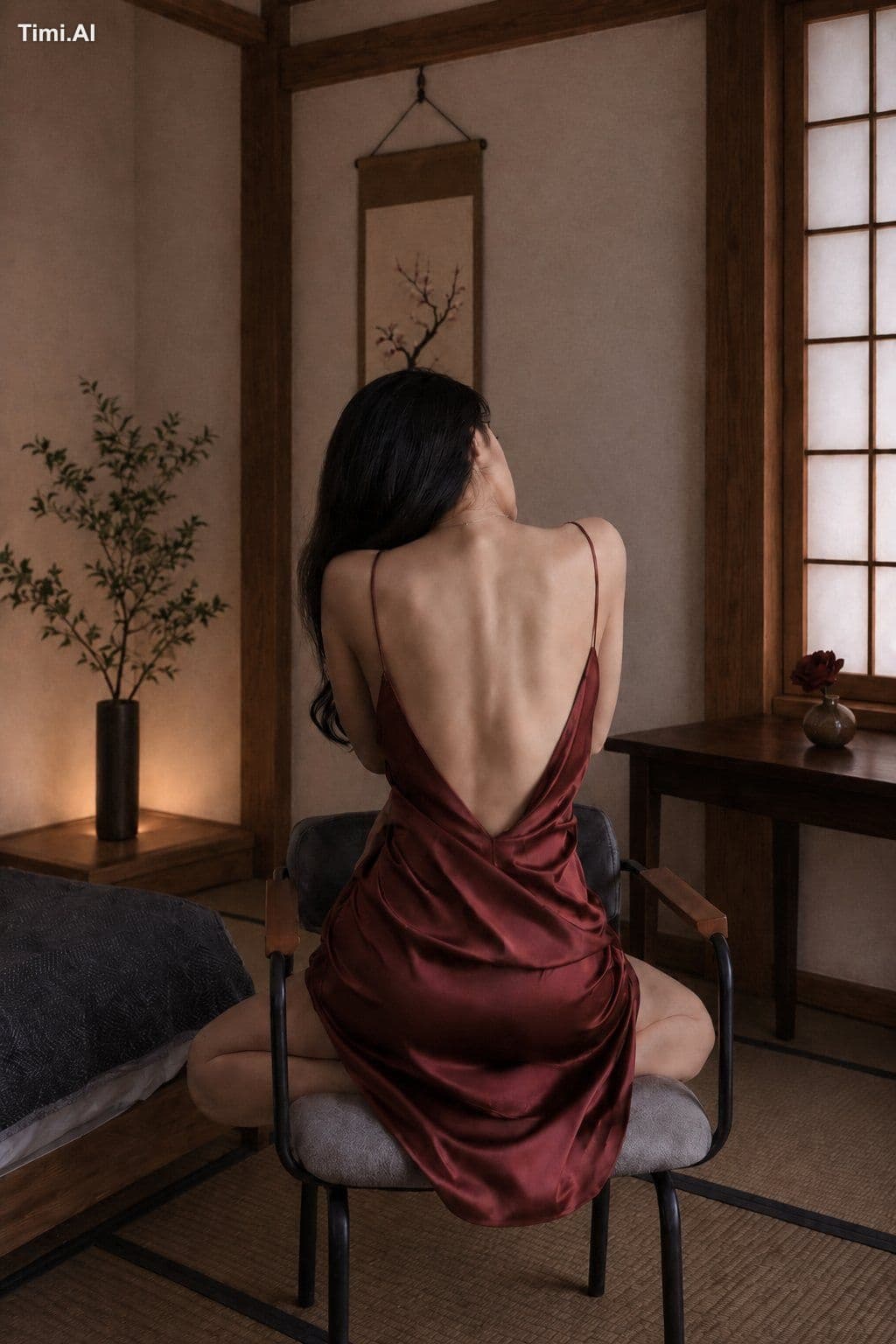 障子越しの灯りが、赤いサテンの皺をゆっくりなぞる夜。
ふり向かない背中にだけ、静けさが集まっていた 🪔🌙🍷
#A