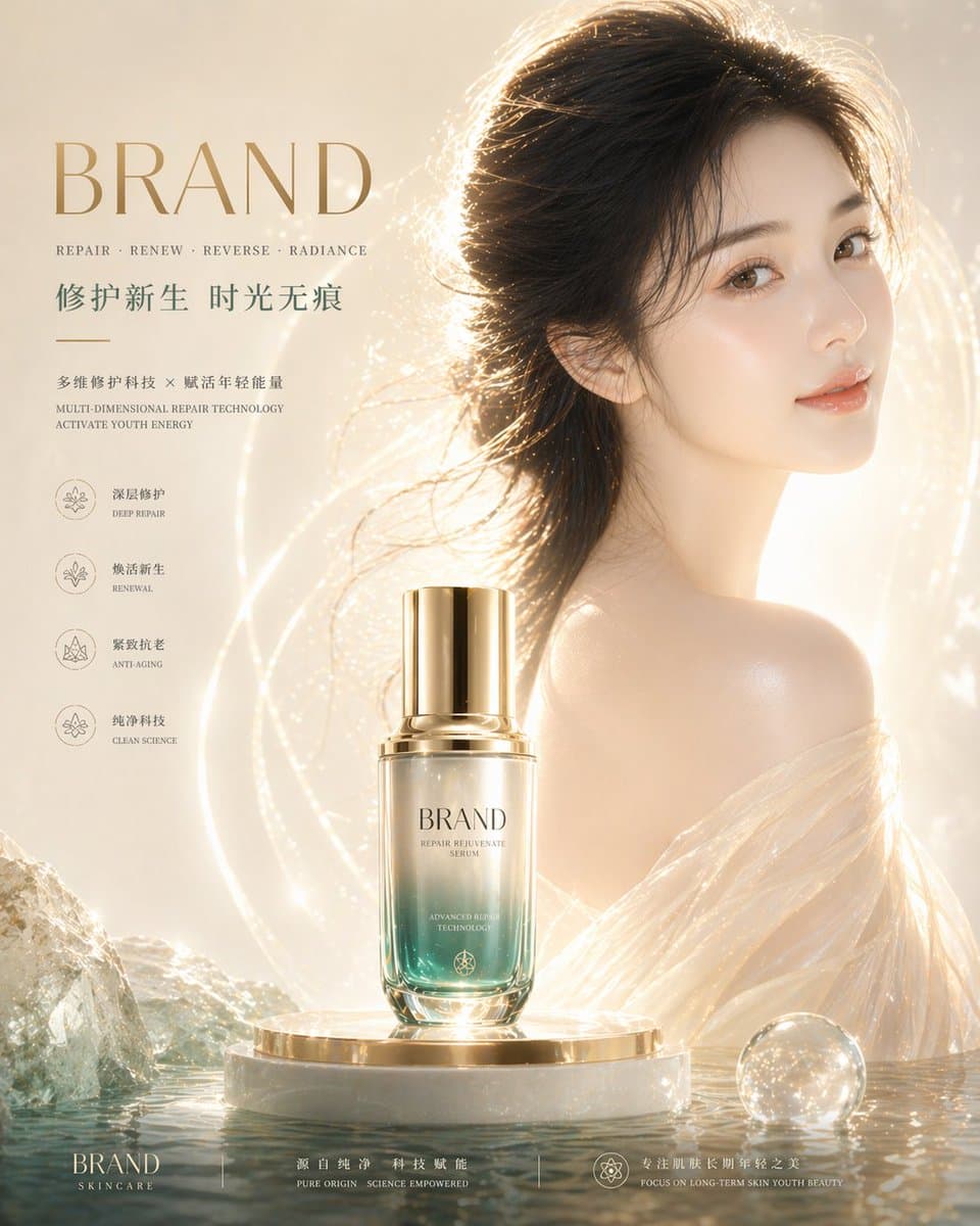 重点强化皮肤质感: 肌肤通透白皙,真实细腻,毛孔隐约可见但干净,肤质均匀细滑,无瑕疵感,呈现健康水润光泽(dewy sk