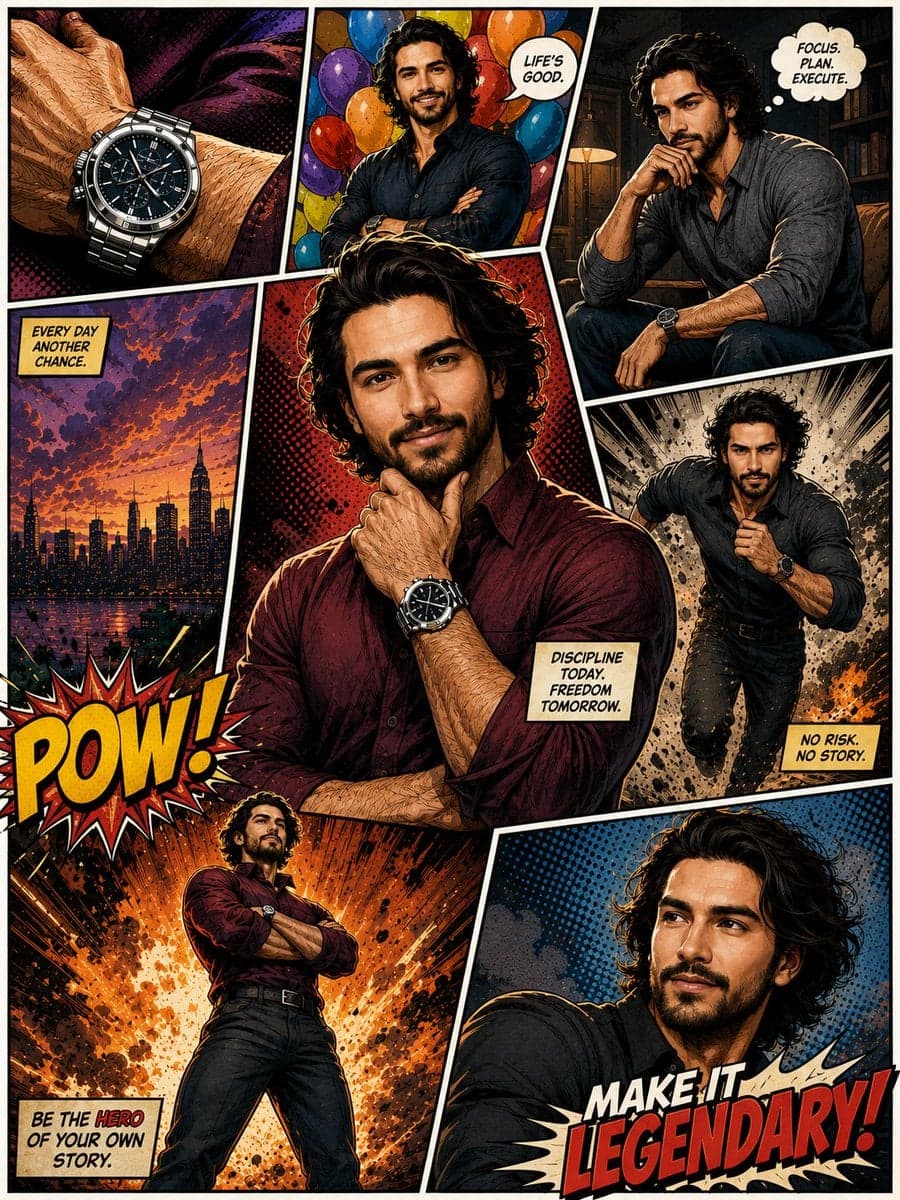 Portrait-oriented, dynamic comic-book poster composed of mul