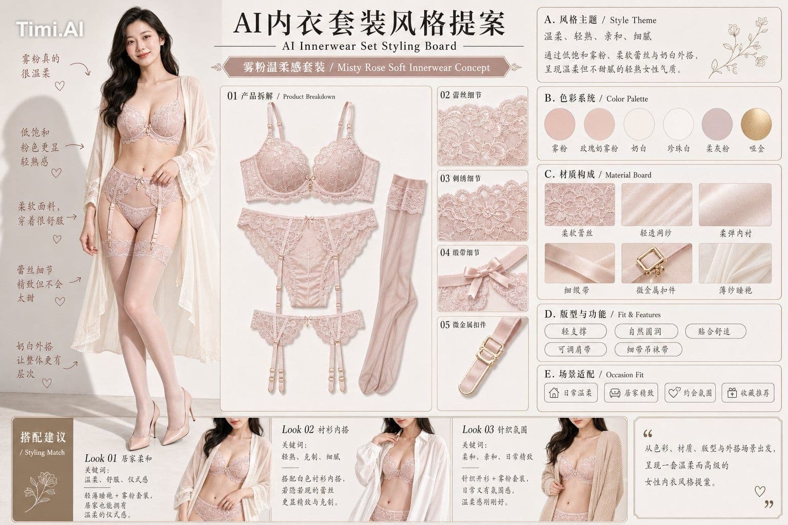 请根据用户输入的【内衣主题 / 色系 / 风格方向】，创作一张横向 4:3 的高完成度中文版「AI内衣套装风格提案 / 