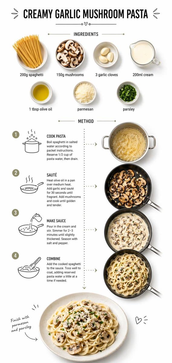 Create step-by-step recipe infographic for creamy garlic mus