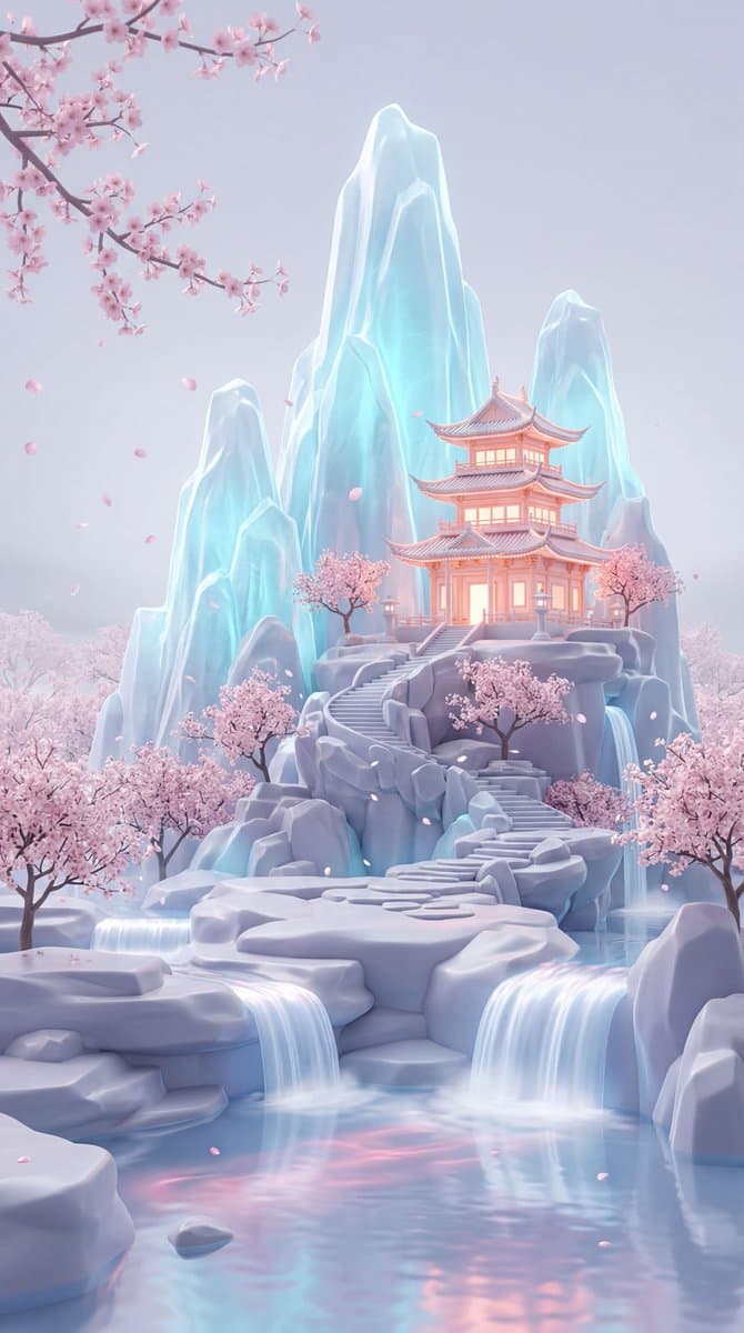 A dreamy pastel fantasy landscape in a vertical composition,