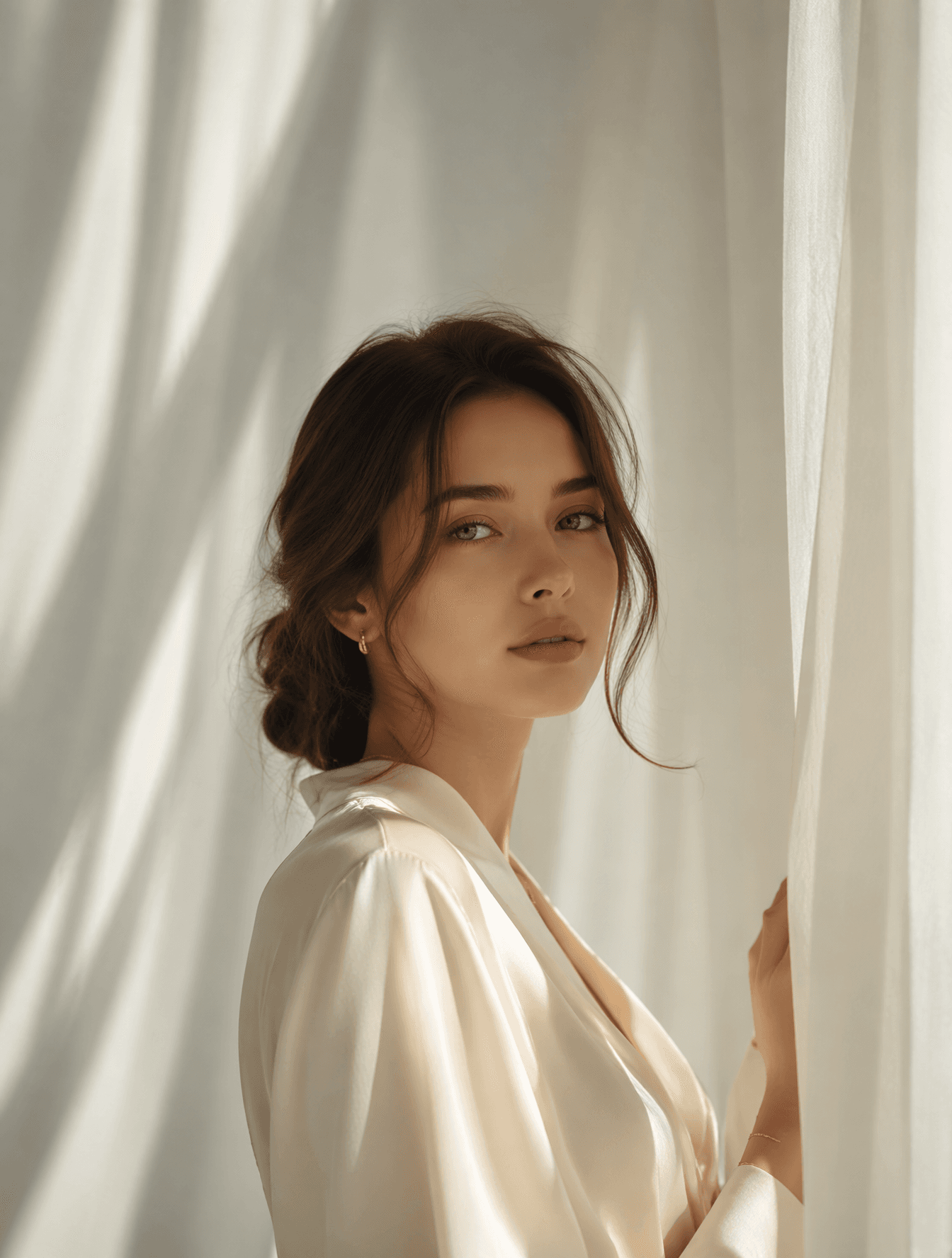 A beautiful 23-year-old woman with luminous ivory skin, gray