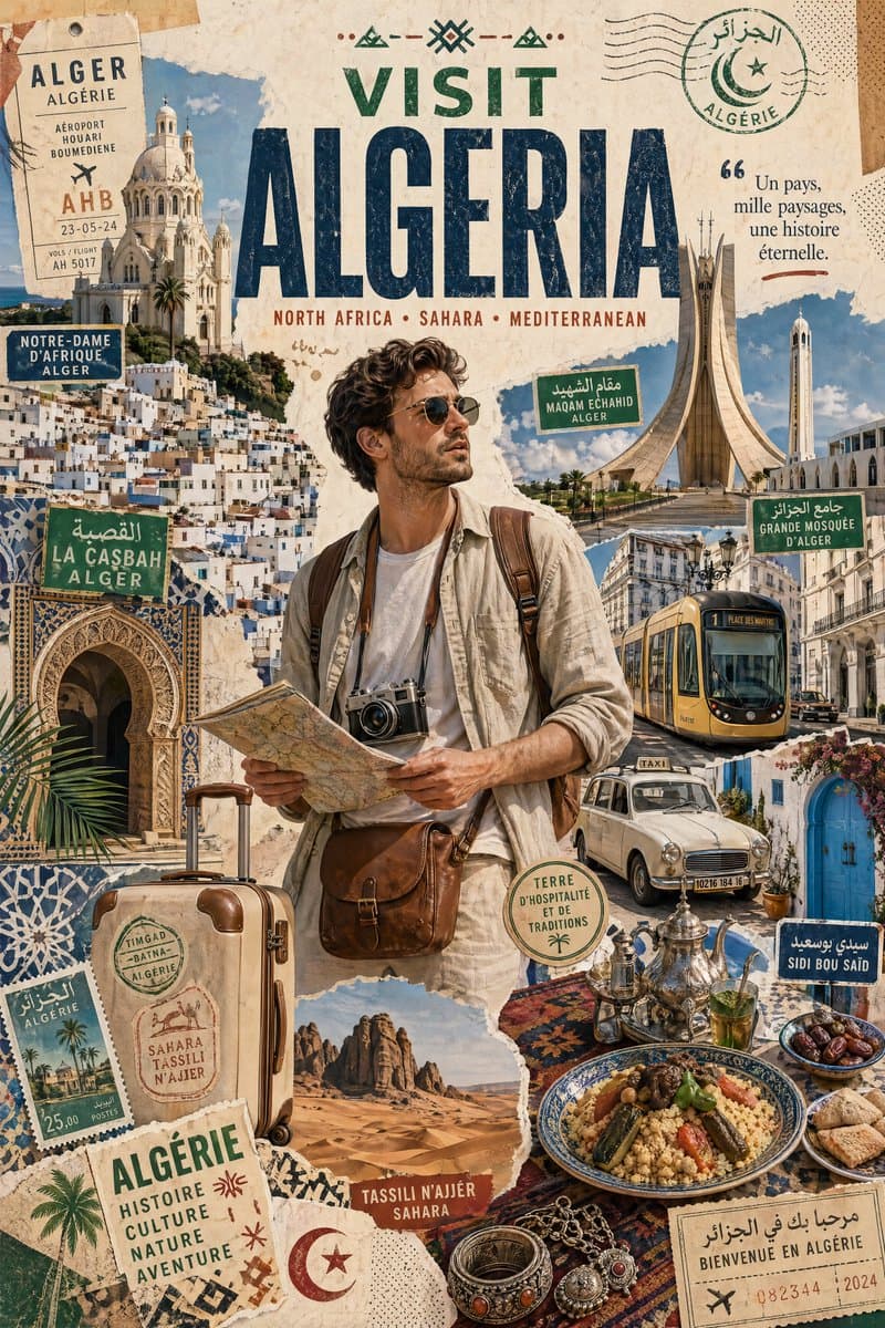Create a stylized travel poster / graphic collage for [ALGER