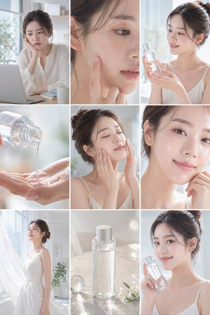 Create a clean, bright skincare commercial storyboard in a 1