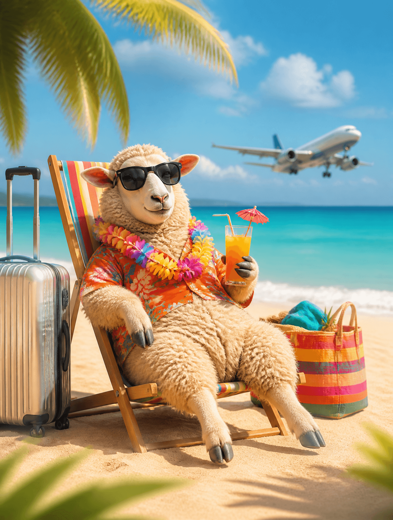 Ultra-realistic tropical Eid vacation scene featuring a fluf