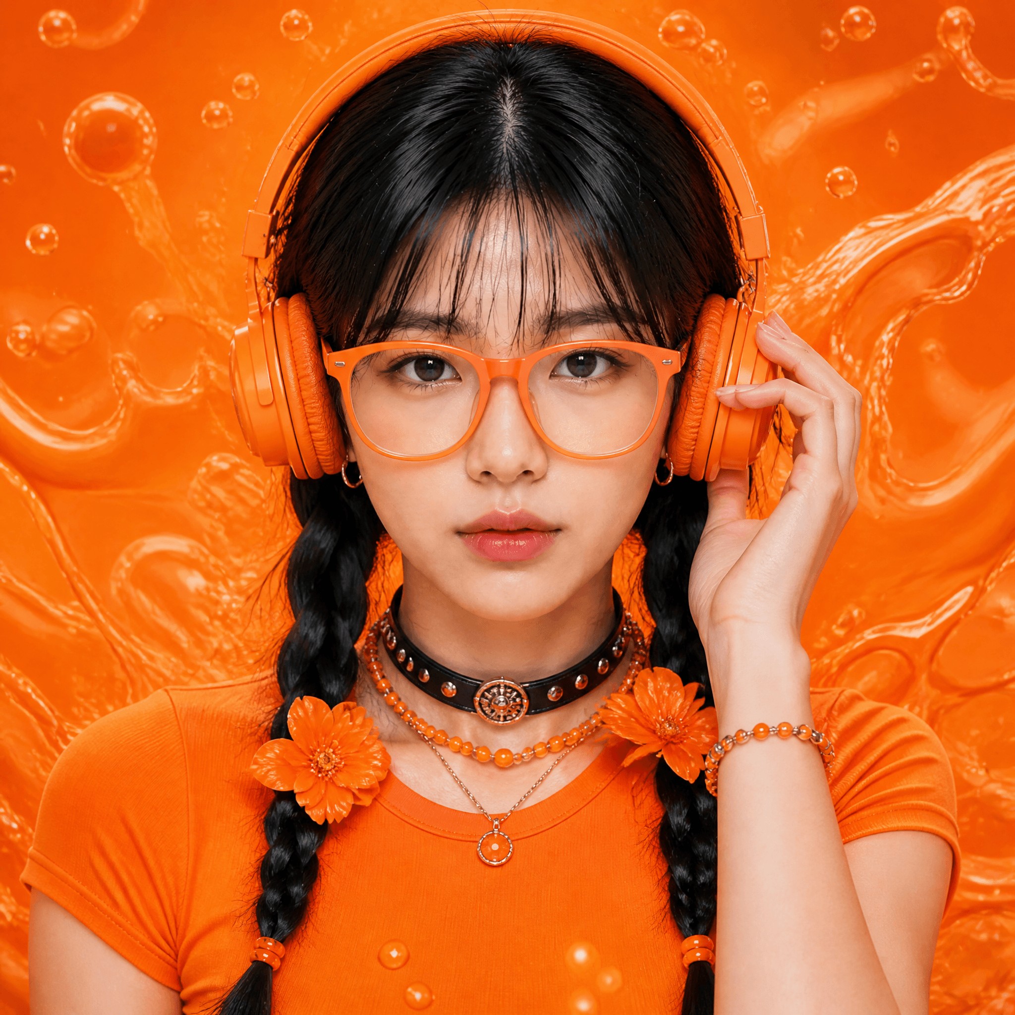 Ultra-realistic close-up fashion portrait of a young Asian w