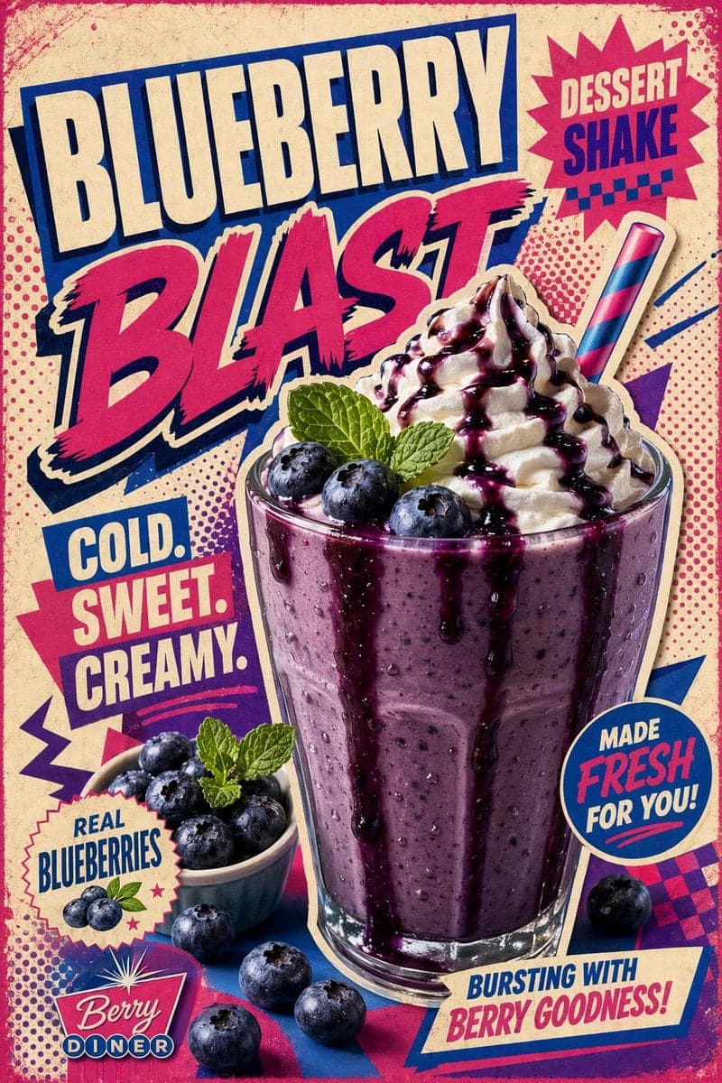 Create a bold retro pop-art poster for a Blueberry Dessert S