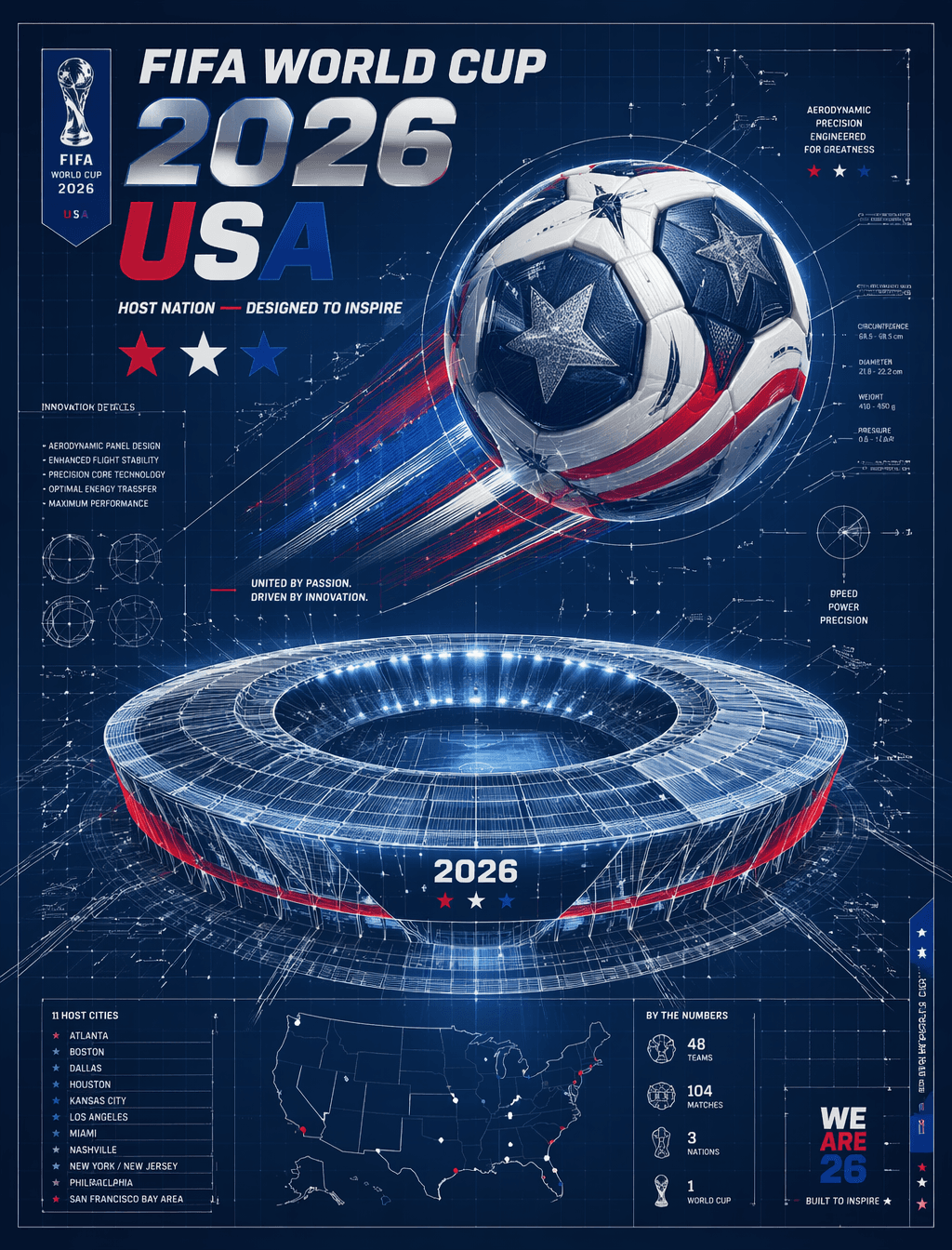 FIFA World Cup 2026 USA blueprint poster, blue-red-white pal