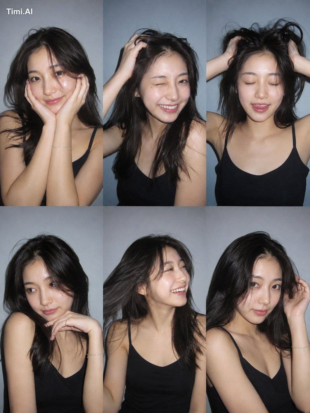 Ultra-realistic 6-photo collage (3×2 grid) of the same perso
