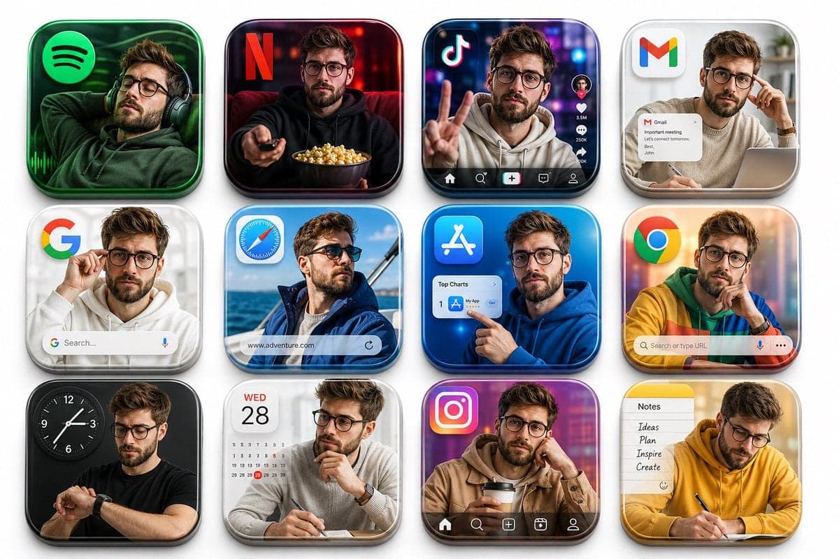 Create a premium 3D grid of 12 square app icons arranged nea
