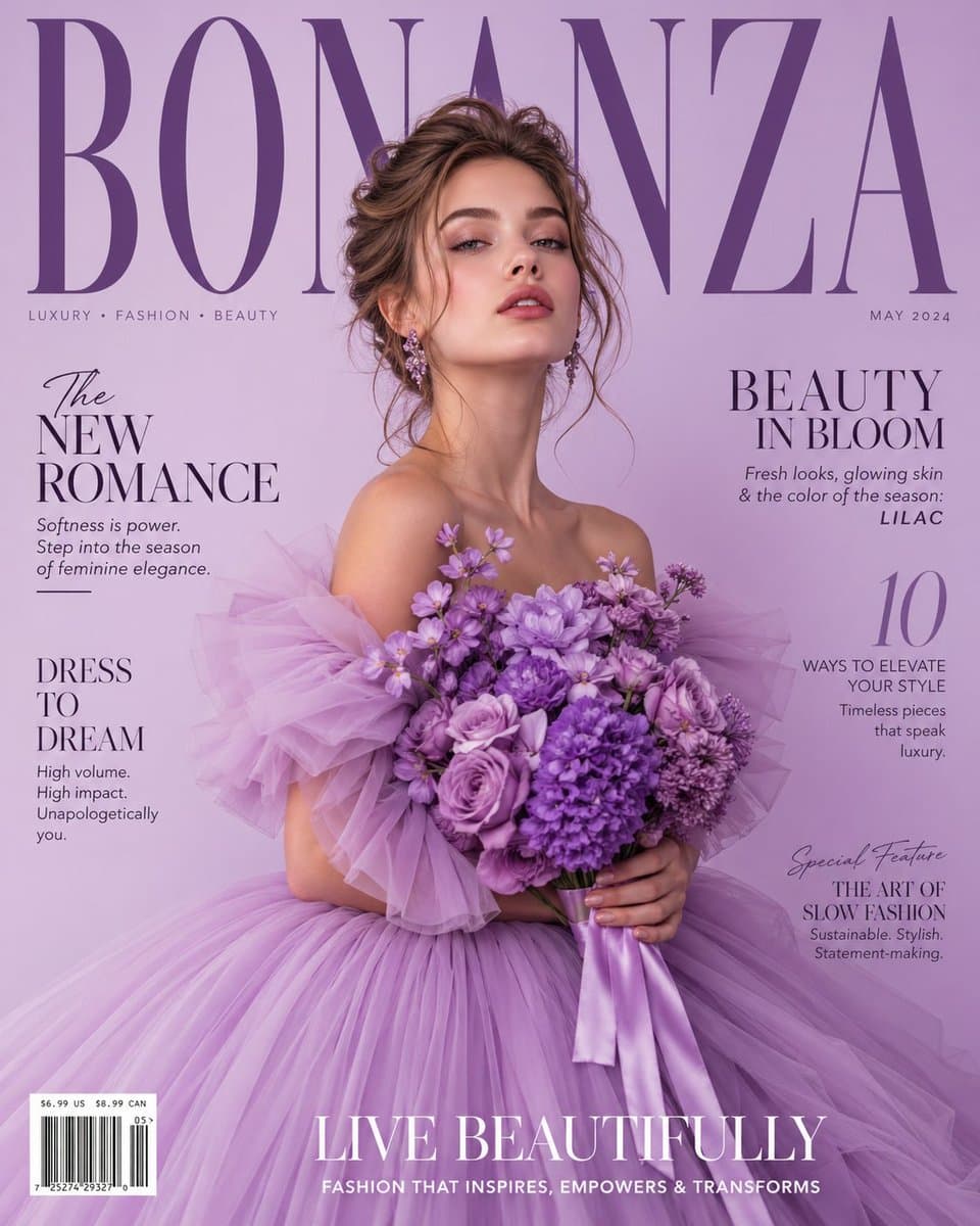 A luxury high-fashion magazine cover in a soft light purple 