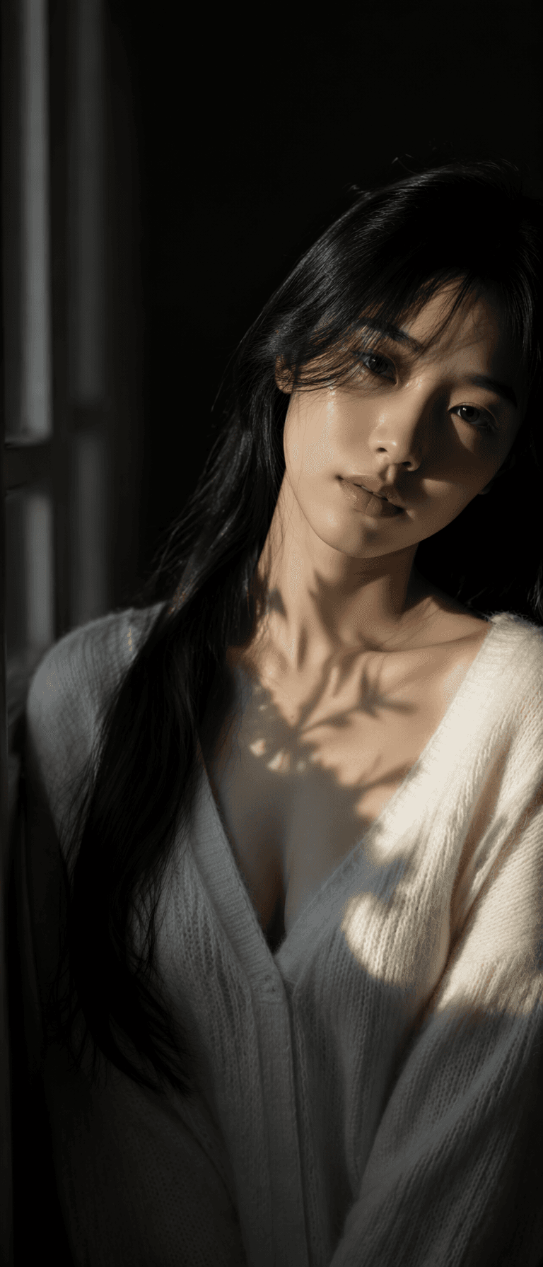 Vertical half-body portrait photo, young East Asian woman wi